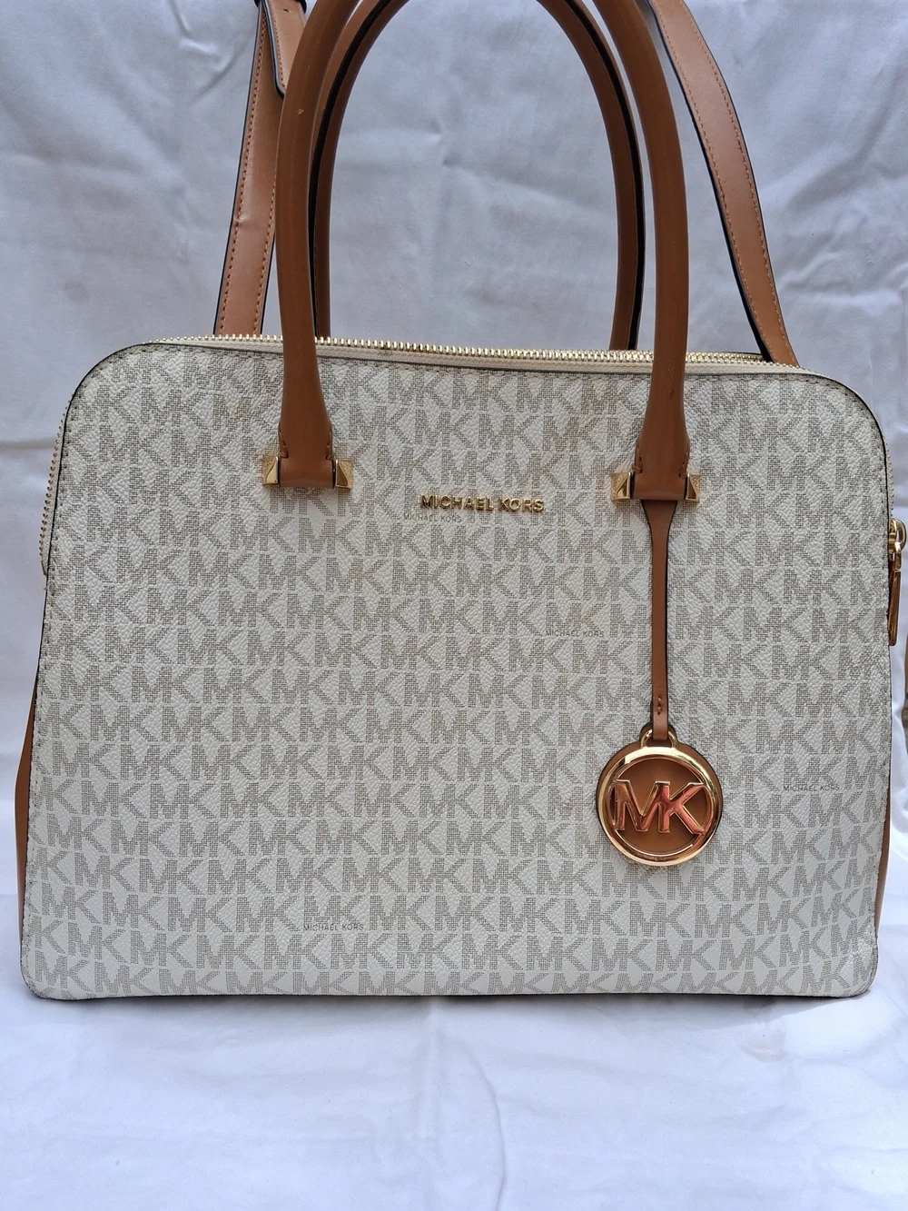 Michael Kors Beige Signature MK Satchel with Acorn Trim